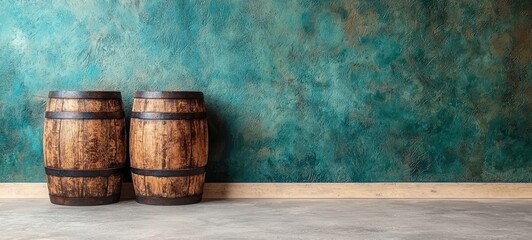 Naklejka premium Rustic wooden barrels against a textured green wall still life photography indoor setting artistic view