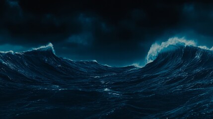 Dark Ocean Waves Crashing Under a Stormy Night Sky