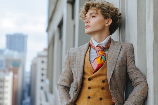Portrait of a stylish businessman wearing a colorful ascot and leaning against a wall with a cityscape in the background