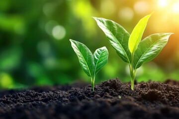 Naklejka premium Fresh Green Seedlings Growing in Rich Dark Soil with Soft Sunlight Illuminating the Background in a Lush Nature Scene