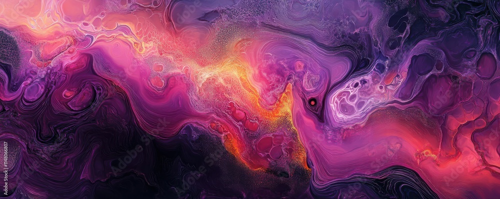 Poster abstract digital art with vibrant colors, featuring flowing patterns of light in shades of pink and 