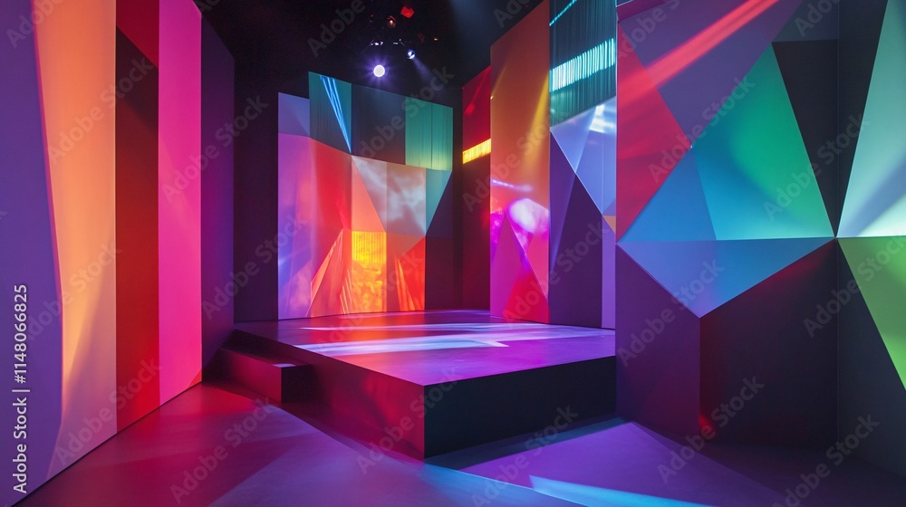 Poster Vibrant Abstract Stage with Colorful Light Projections and Geometric Patterns