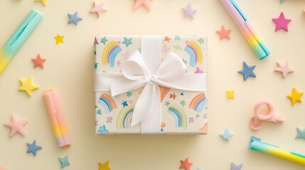 Gift with colorful stars, markers and ribbon on beige surface.