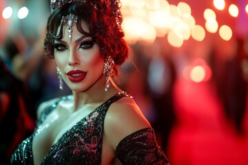 Famous actress wearing sparkling jewelry and elegant evening gown posing on red carpet during award ceremony