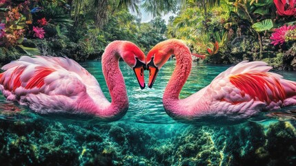 Two pink flamingos in a heart shape, underwater view with lush tropical foliage.
