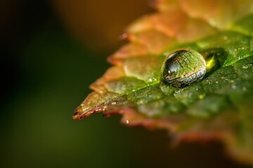 A sharp focused macro photograph of a dewdrop on a leaf nature close-up forest environment captivating viewpoint conceptual art