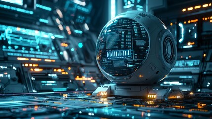 An advanced robotic trading system stands at the center of a sophisticated control room, surrounded by vibrant screens displaying real-time data and analytics