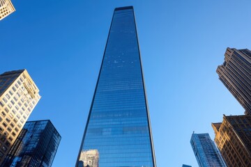 Naklejka premium A sharp futuristic skyscraper reaching new heights urban landscape architectural photography clear skies low angle view modern design concepts