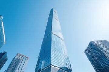 Obraz premium A sharp futuristic skyscraper rising above the city skyline modern architecture glass facade bright blue sky wide angle view urban innovation