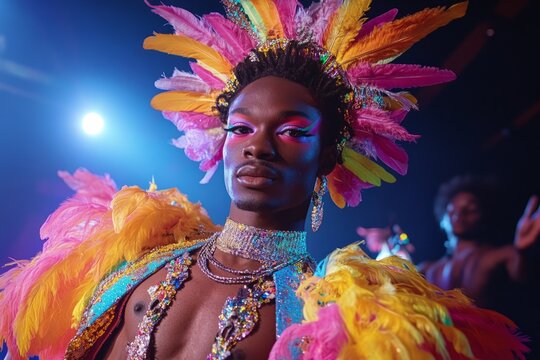 Young drag queen with colorful makeup and feathered headdress performing on stage in nightclub