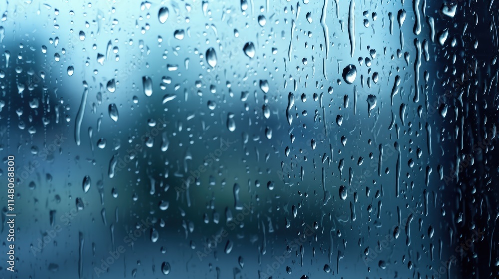 Poster raindrops on window pane creating melancholic atmosphere with soft blue background and blurred lands