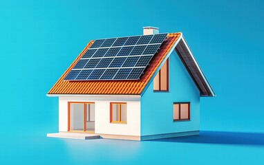 A Scandinavian house with solar panels glowing softly against a bright pastel blue background, minimalist and modern