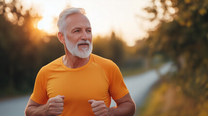 senior man jogging in orange shirt during sunset, showcasing vitality and health. serene background enhances feeling of outdoor exercise.