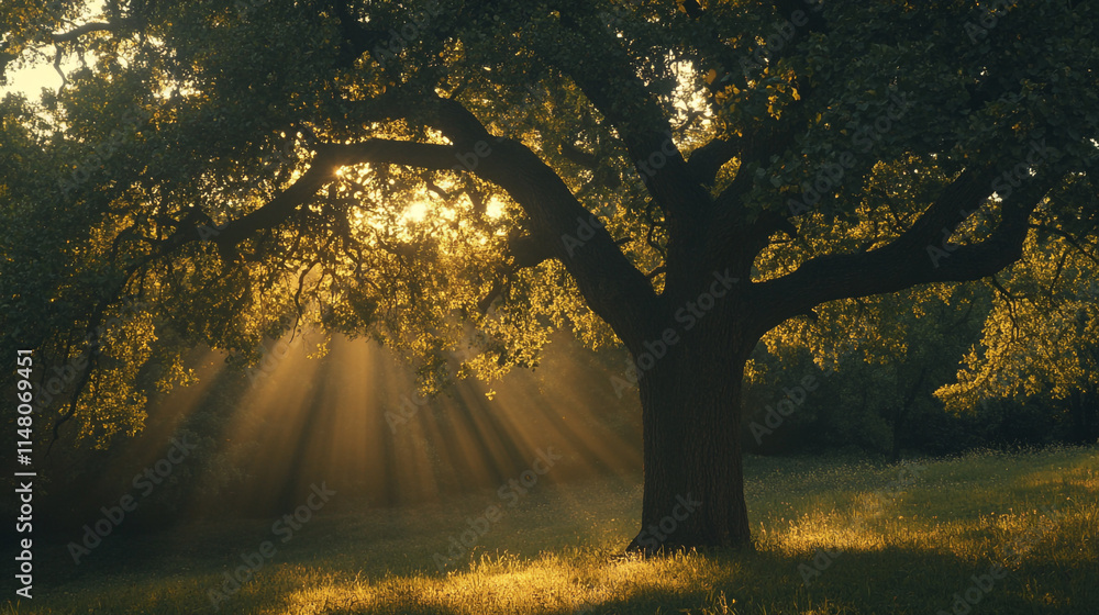 Poster sunlight filters through branches of a large tree in a serene landscape.