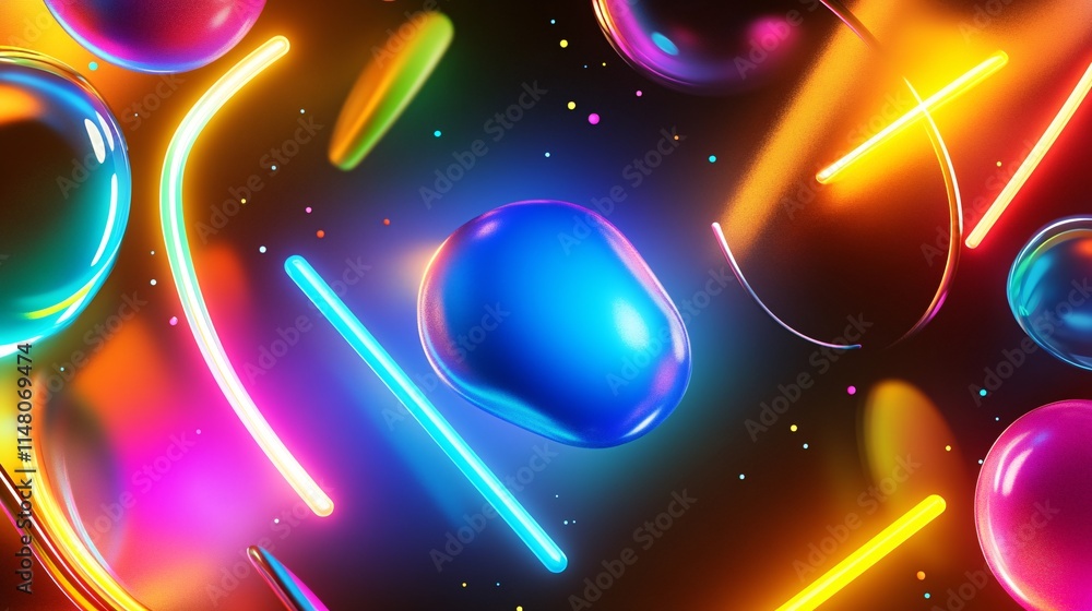 Poster colorful neon shapes on dark background with vibrant light effects and patterns