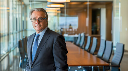 Fototapeta premium a middle-aged man stands in a conference room with a long table and several chairs in the background He is wearing a dark suit, a blue tie, and glasses. His expression is serious and professional 01