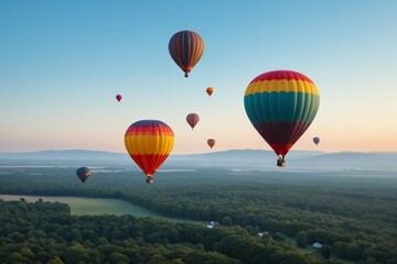 Fototapeta premium several hot air balloons flying over a forest filled with trees