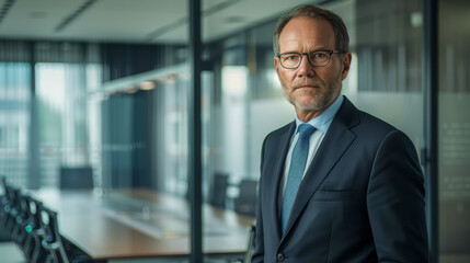 a middle-aged man stands in a conference room with a long table and several chairs in the background He is wearing a dark suit, a blue tie, and glasses. His expression is serious and professional 01