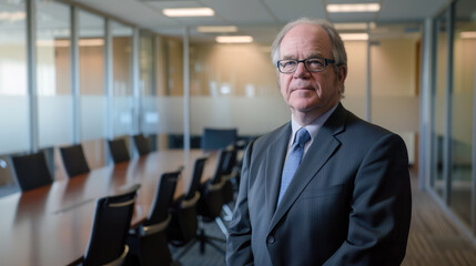a middle-aged man stands in a conference room with a long table and several chairs in the background He is wearing a dark suit, a blue tie, and glasses. His expression is serious and professional 01