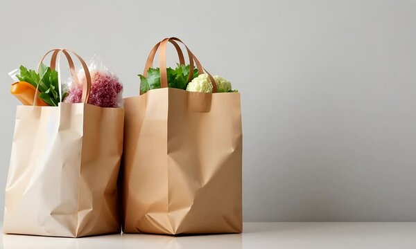 A white bag filled with groceries, including beverages and baked goods, on a light background.