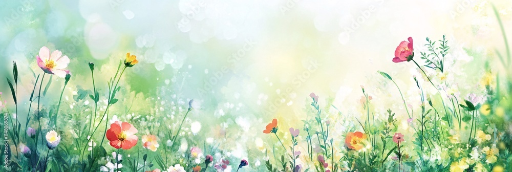 Poster vibrant floral field with colorful flowers and soft bokeh background in spring