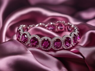 Fototapeta premium Elegant Pink Sapphire Bracelet, Luxury Jewelry, Diamond Accents, Pink Silk