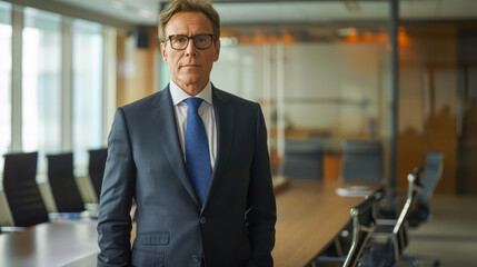 a middle-aged man stands in a conference room with a long table and several chairs in the background He is wearing a dark suit, a blue tie, and glasses. His expression is serious and professional 01