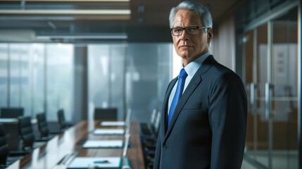 a middle-aged man stands in a conference room with a long table and several chairs in the background He is wearing a dark suit, a blue tie, and glasses. His expression is serious and professional 01
