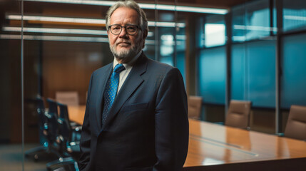 a middle-aged man stands in a conference room with a long table and several chairs in the background He is wearing a dark suit, a blue tie, and glasses. His expression is serious and professional 01