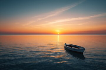 there is a small boat floating in the water at sunset