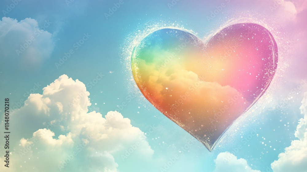 Poster colorful heart shape surrounded by clouds in bright sky with sparkling effect