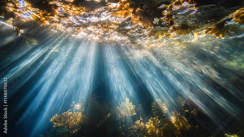 Poster sunlight filtering through water surface in underwater scene with seaweed and rays
