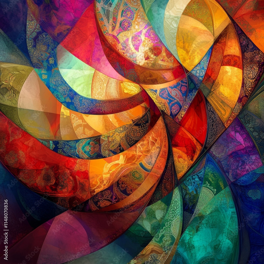 Poster a colorful painting with many different colors and shapes. the painting is very abstract and has a l