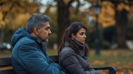 Fototapeta premium Couples Autumn Park Bench Disagreement Sadness, Silence, and Distance