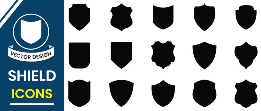 Shield icon, vector set. Set of shields silhouette. Protect shield security icons. Shield symbol, sign, logo or emblem design. Vector illustration.