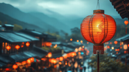 A glowing red lantern illuminates a bustling street in a misty mountain town, creating a warm, inviting atmosphere amid the evening tranquility.