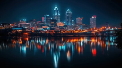 Obraz premium Vibrant cityscape skyline reflected in calm water at night.