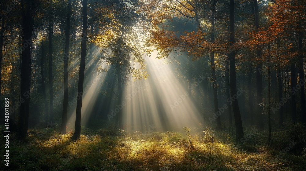 Poster sunlight filtering through trees in a serene forest during autumn.