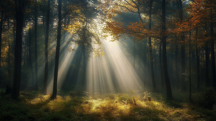Sunlight filtering through trees in a serene forest during autumn. 