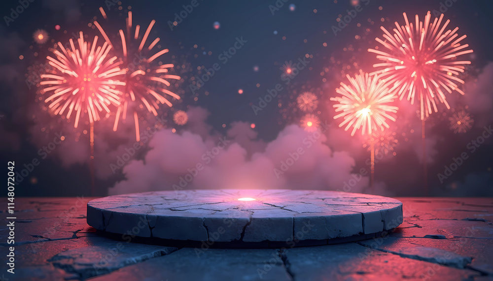 Aufkleber an empty platform floats under a spectacular display of colorful fireworks lighting up the evening s