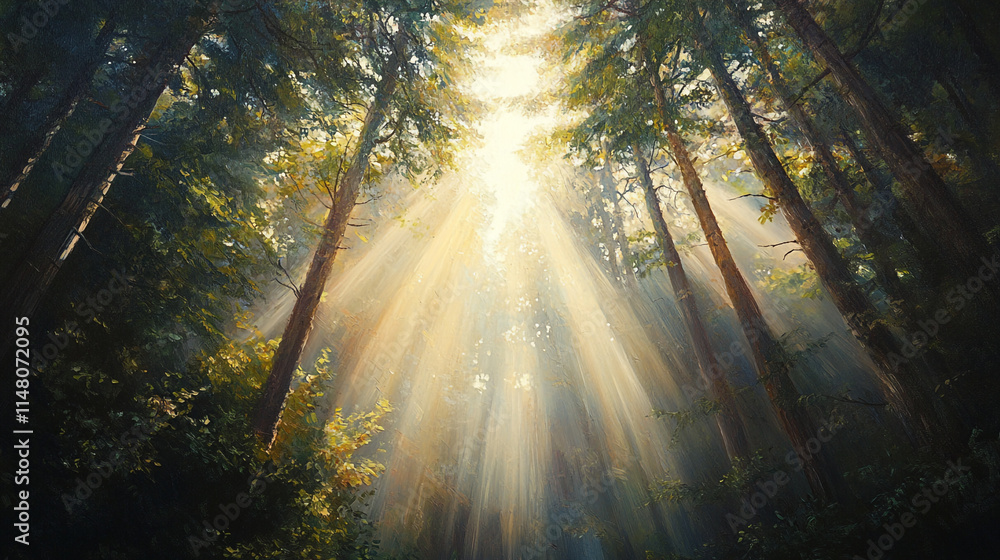 Poster sunlight filtering through towering trees in a tranquil forest setting.
