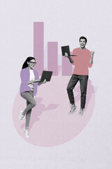 Vertical collage picture young woman man victory celebrate progress business management employees...