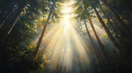 Sunlight filtering through towering trees in a tranquil forest setting. 