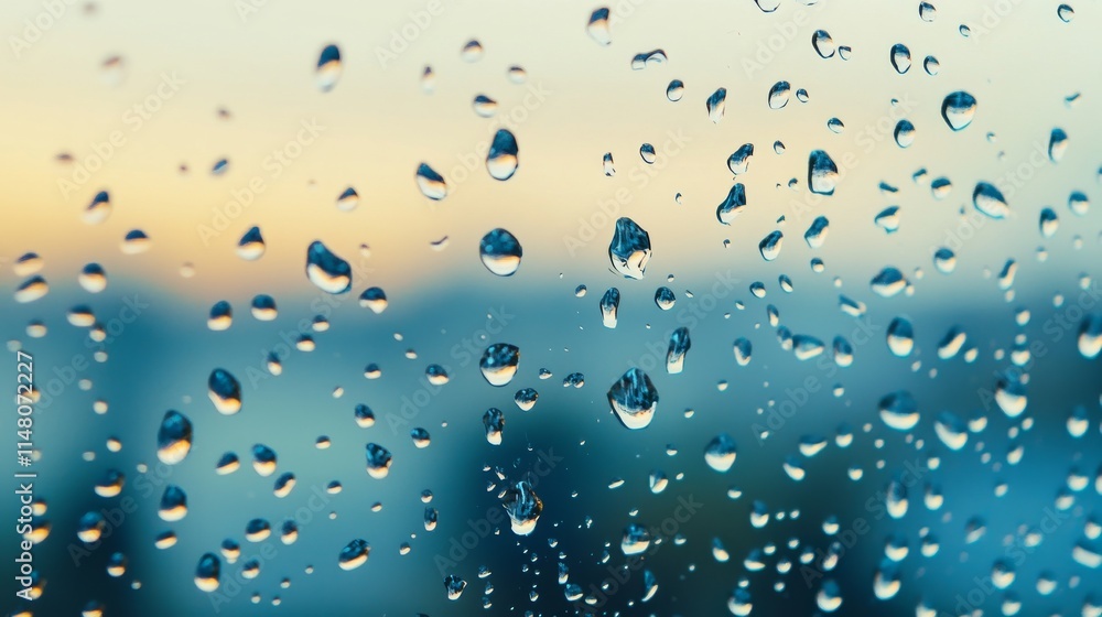 Poster the image is of a window with raindrops on it. the raindrops are scattered all over the window, crea