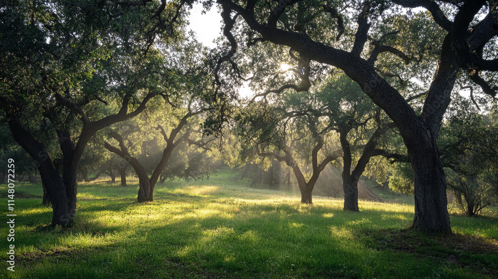 Poster sunlight filtering through trees in a serene forest setting during morning hours.