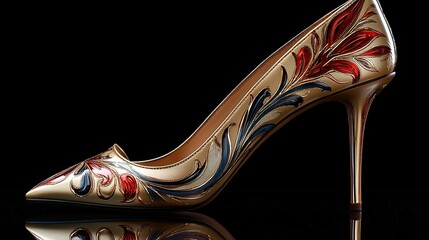 Elegant high-heeled shoe with intricate floral design on a dark background.
