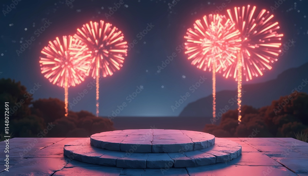 Poster a vacant platform floats as colorful fireworks explode in the night sky, creating a vibrant scene, g