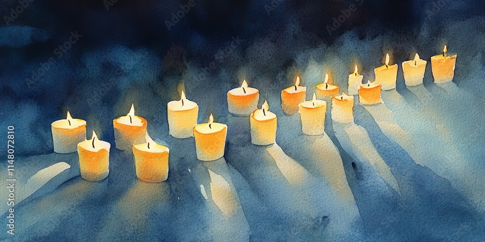 Poster a peaceful arrangement of lit candles casting soft shadows, creating a calming and serene atmosphere