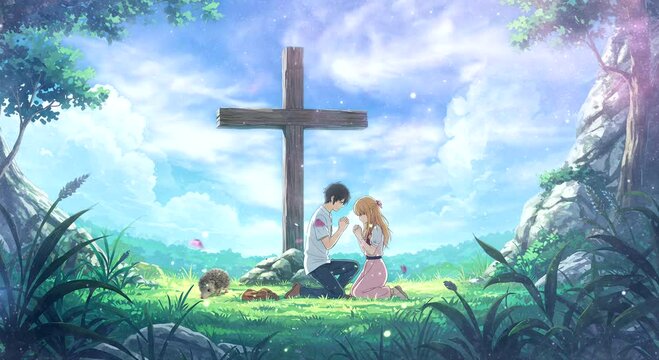 Animated Virtual Backgrounds Couple Praying The Cross Lofi Music Lofi Japanese Manga Anime Style Looping Music Video Background