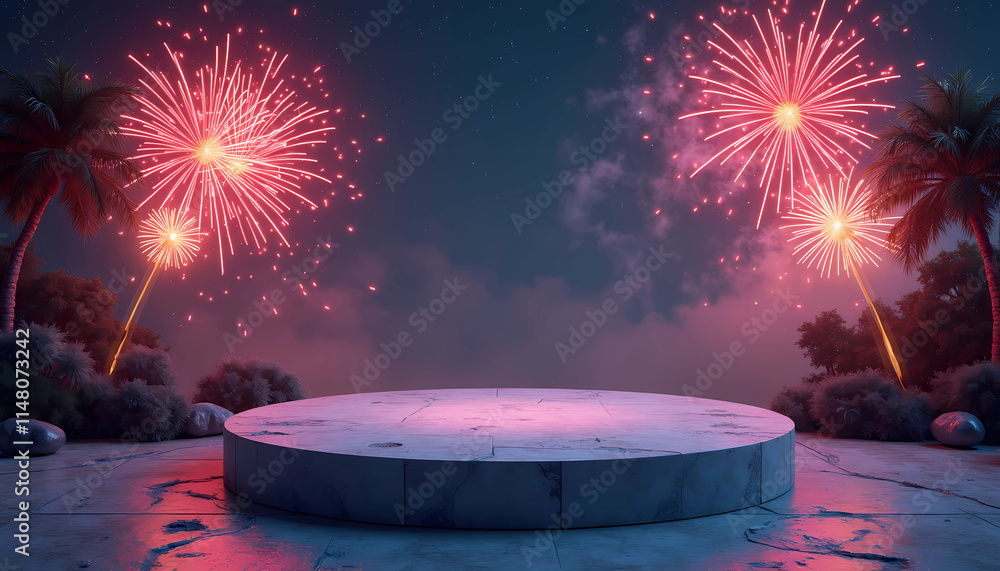 Aufkleber a floating empty platform illuminated by vibrant fireworks bursting in the night sky, generative ai